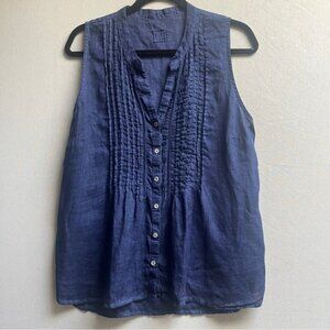 120 % Lino EAC blue linen sleeveless ruffle button up blouse Sz 46 S/M